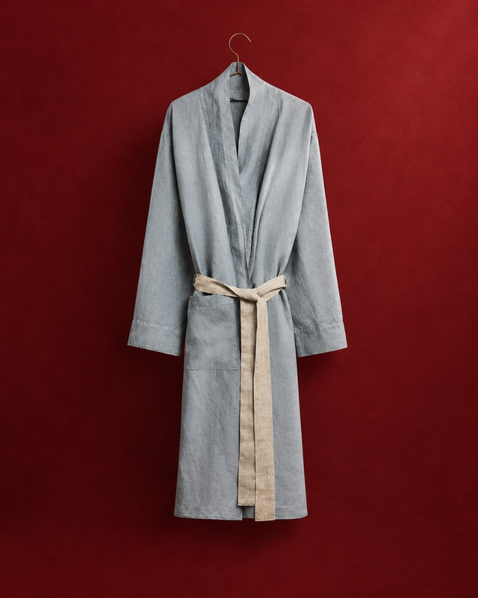Kimono-Bademantel gewaschenes Leinen dusk blue