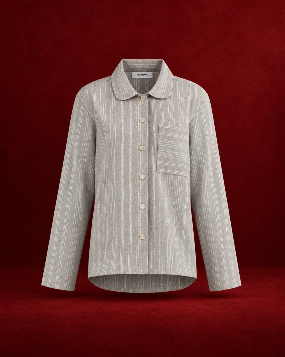 Pyjama-Set Damen Flanell light grey/white stripe