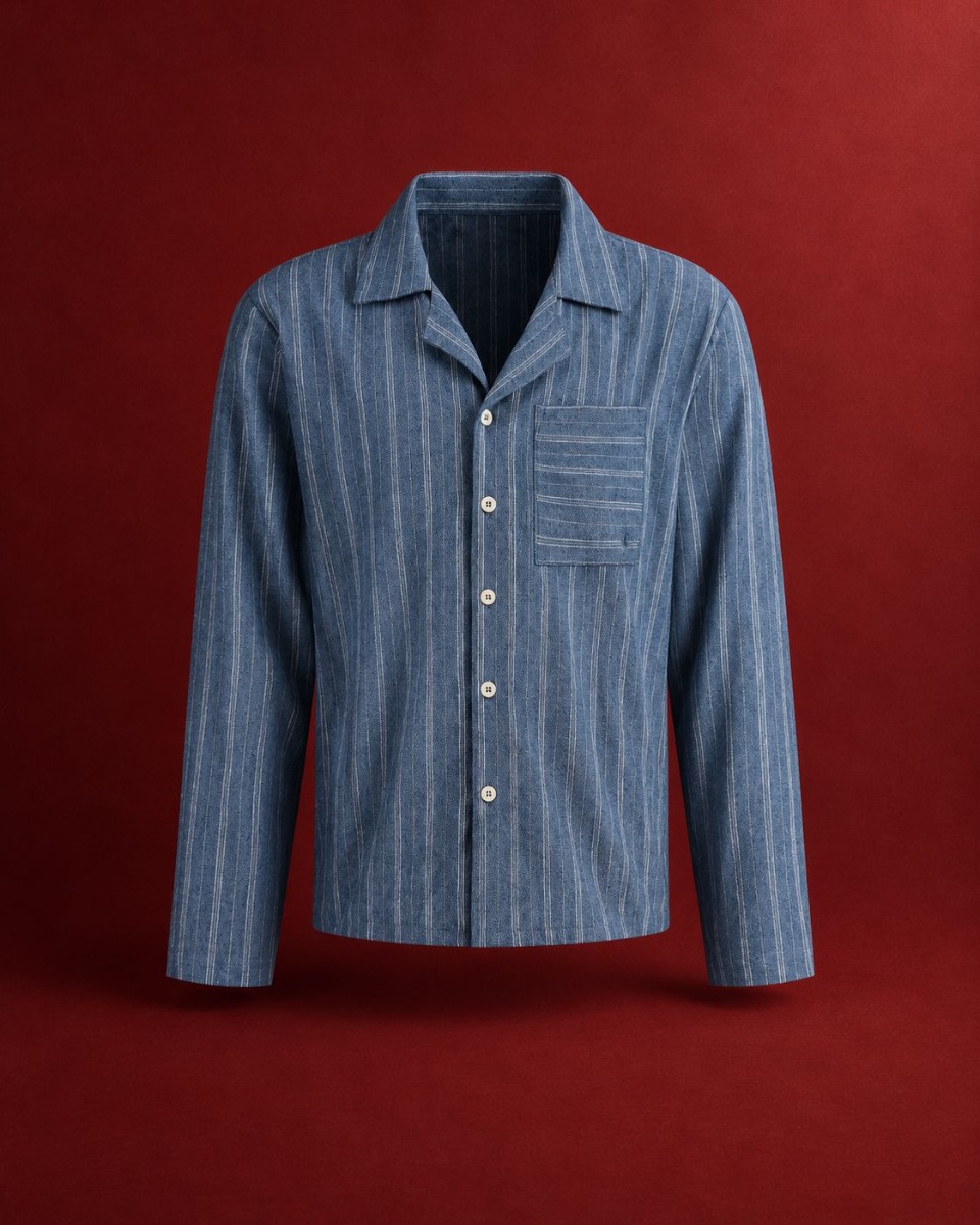 Pyjama-Set Herren Flanell denim blue/white stripe
